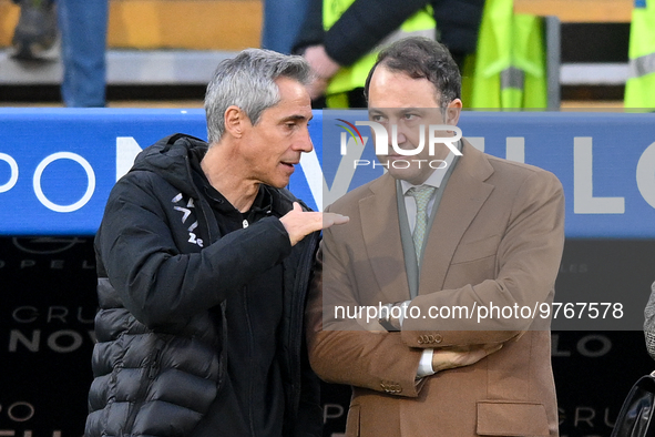 Paulo Sousa manager of US Salernitana talks to Danilo Iervolino president of US Salernitana during the Serie A match between US Salernitana...