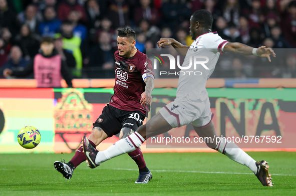 Pasquale Mazzocchi of US Salernitana and Adama Soumaoro of Bologna FC compete for the ball during the Serie A match between US Salernitana a...