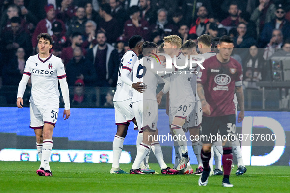 Lewis Ferguson of Bologna FC celebrates after scoring first goal during the Serie A match between US Salernitana and Bologna FC at Stadio Ar...