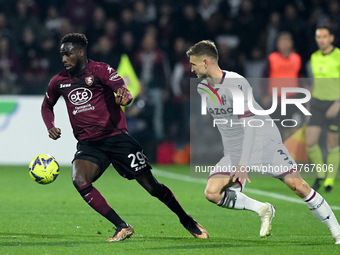 Boulaye Dia of US Salernitana and Stefan Posch of Bologna FC compete for the ball during the Serie A match between US Salernitana and Bologn...