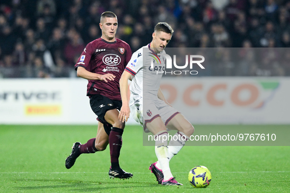 Lorenzo Pirola of US Salernitana and Lewis Ferguson of Bologna FC compete for the ball during the Serie A match between US Salernitana and B...