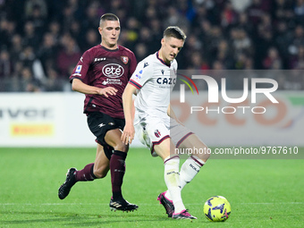 Lorenzo Pirola of US Salernitana and Lewis Ferguson of Bologna FC compete for the ball during the Serie A match between US Salernitana and B...