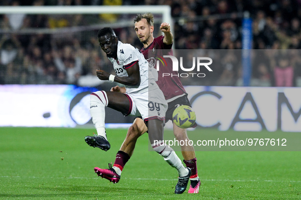 Norbert Gyomber of US Salernitana and Musa Barrow of Bologna FC compete for the ball during the Serie A match between US Salernitana and Bol...