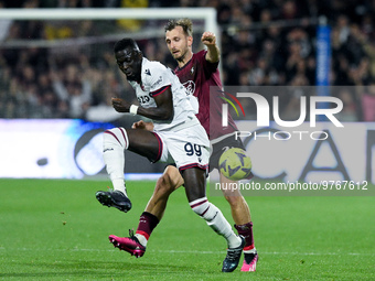 Norbert Gyomber of US Salernitana and Musa Barrow of Bologna FC compete for the ball during the Serie A match between US Salernitana and Bol...