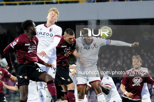 Lorenzo Pirola of US Salernitana scores first goal during the Serie A match between US Salernitana and Bologna FC at Stadio Arechi, Salerno,...