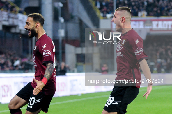 Lorenzo Pirola of US Salernitana celebrates after scoring first goal during the Serie A match between US Salernitana and Bologna FC at Stadi...