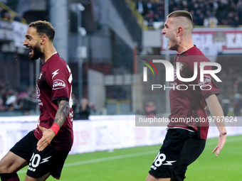 Lorenzo Pirola of US Salernitana celebrates after scoring first goal during the Serie A match between US Salernitana and Bologna FC at Stadi...