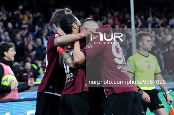 Lorenzo Pirola of US Salernitana celebrates after scoring first goal during the Serie A match between US Salernitana and Bologna FC at Stadi...