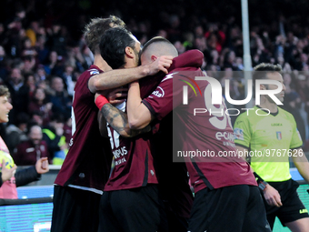 Lorenzo Pirola of US Salernitana celebrates after scoring first goal during the Serie A match between US Salernitana and Bologna FC at Stadi...