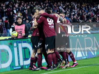 Lorenzo Pirola of US Salernitana celebrates after scoring first goal during the Serie A match between US Salernitana and Bologna FC at Stadi...