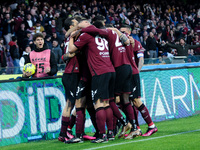 Lorenzo Pirola of US Salernitana celebrates after scoring first goal during the Serie A match between US Salernitana and Bologna FC at Stadi...