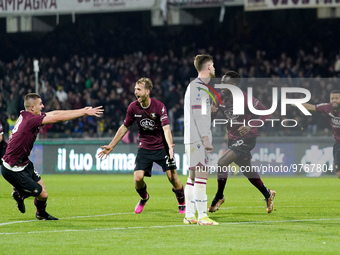 Boulaye Dia of US Salernitana celebrates after scoring second goal during the Serie A match between US Salernitana and Bologna FC at Stadio...