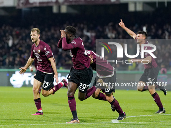 Boulaye Dia of US Salernitana celebrates after scoring second goal during the Serie A match between US Salernitana and Bologna FC at Stadio...