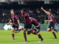 Boulaye Dia of US Salernitana celebrates after scoring second goal during the Serie A match between US Salernitana and Bologna FC at Stadio...