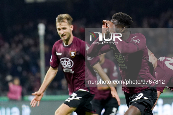 Boulaye Dia of US Salernitana celebrates after scoring second goal during the Serie A match between US Salernitana and Bologna FC at Stadio...