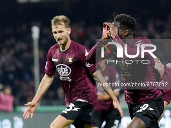 Boulaye Dia of US Salernitana celebrates after scoring second goal during the Serie A match between US Salernitana and Bologna FC at Stadio...