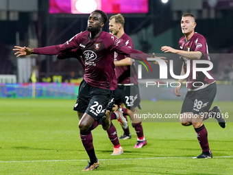 Boulaye Dia of US Salernitana celebrates after scoring second goal during the Serie A match between US Salernitana and Bologna FC at Stadio...