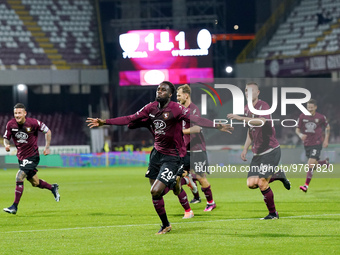 Boulaye Dia of US Salernitana celebrates after scoring second goal during the Serie A match between US Salernitana and Bologna FC at Stadio...