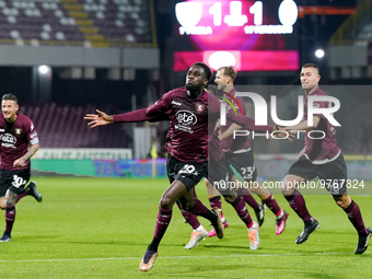 Boulaye Dia of US Salernitana celebrates after scoring second goal during the Serie A match between US Salernitana and Bologna FC at Stadio...