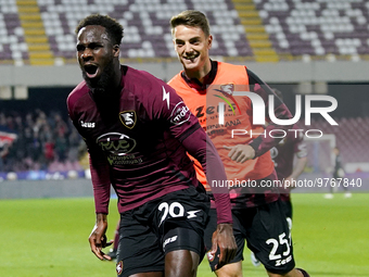 Boulaye Dia of US Salernitana celebrates after scoring second goal during the Serie A match between US Salernitana and Bologna FC at Stadio...