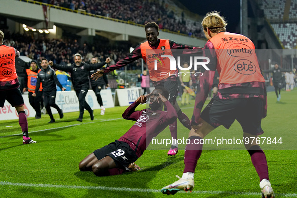 Boulaye Dia of US Salernitana celebrates after scoring second goal during the Serie A match between US Salernitana and Bologna FC at Stadio...