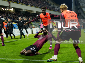 Boulaye Dia of US Salernitana celebrates after scoring second goal during the Serie A match between US Salernitana and Bologna FC at Stadio...