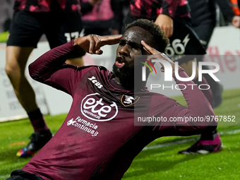 Boulaye Dia of US Salernitana celebrates after scoring second goal during the Serie A match between US Salernitana and Bologna FC at Stadio...