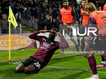 Boulaye Dia of US Salernitana celebrates after scoring second goal during the Serie A match between US Salernitana and Bologna FC at Stadio...