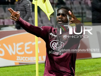 Boulaye Dia of US Salernitana celebrates after scoring second goal during the Serie A match between US Salernitana and Bologna FC at Stadio...