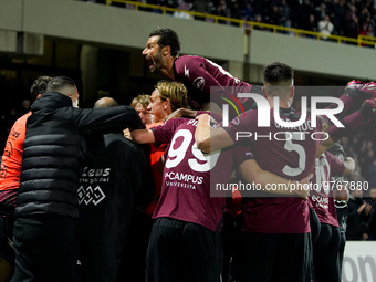 Boulaye Dia of US Salernitana celebrates after scoring second goal during the Serie A match between US Salernitana and Bologna FC at Stadio...