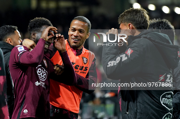 Boulaye Dia of US Salernitana celebrates after scoring second goal during the Serie A match between US Salernitana and Bologna FC at Stadio...