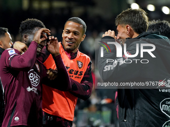 Boulaye Dia of US Salernitana celebrates after scoring second goal during the Serie A match between US Salernitana and Bologna FC at Stadio...