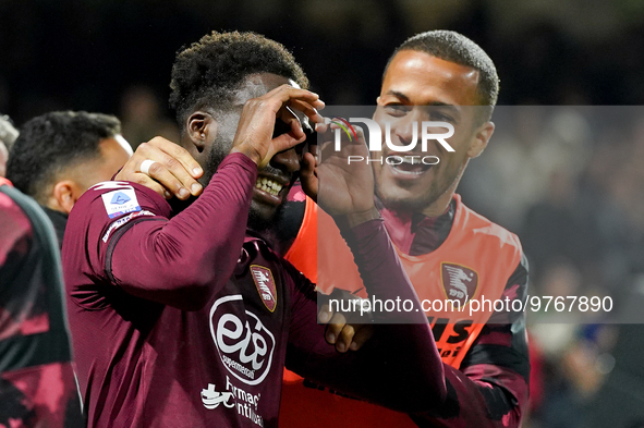 Boulaye Dia of US Salernitana celebrates after scoring second goal during the Serie A match between US Salernitana and Bologna FC at Stadio...