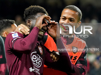 Boulaye Dia of US Salernitana celebrates after scoring second goal during the Serie A match between US Salernitana and Bologna FC at Stadio...