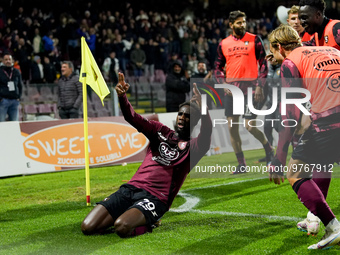 Boulaye Dia of US Salernitana celebrates after scoring second goal during the Serie A match between US Salernitana and Bologna FC at Stadio...