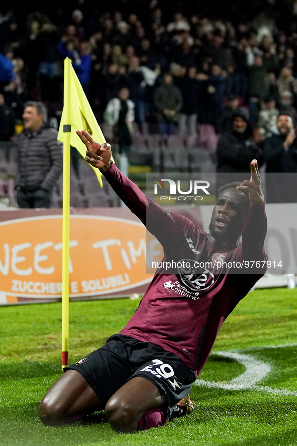 Boulaye Dia of US Salernitana celebrates after scoring second goal during the Serie A match between US Salernitana and Bologna FC at Stadio...