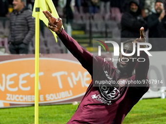 Boulaye Dia of US Salernitana celebrates after scoring second goal during the Serie A match between US Salernitana and Bologna FC at Stadio...