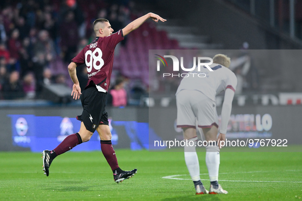 Lorenzo Pirola of US Salernitana celebrates after scoring first goal during the Serie A match between US Salernitana and Bologna FC at Stadi...