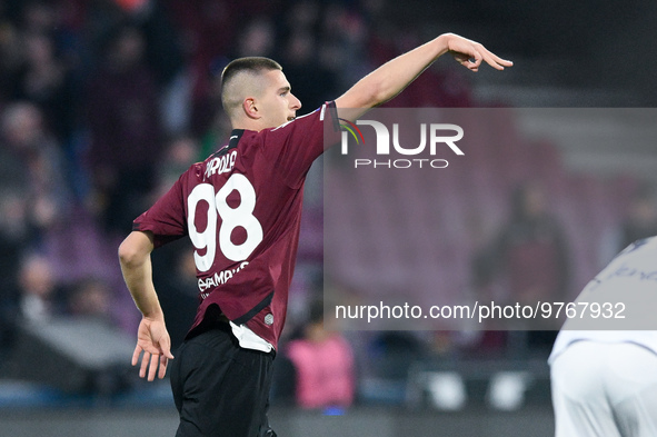 Lorenzo Pirola of US Salernitana celebrates after scoring first goal during the Serie A match between US Salernitana and Bologna FC at Stadi...