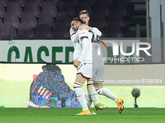 Charalampos Lykogiannis of Bologna FC celebrates after scoring second goal during the Serie A match between US Salernitana and Bologna FC at...