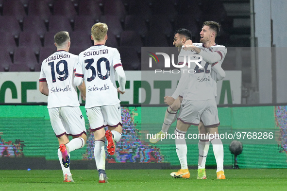 Charalampos Lykogiannis of Bologna FC celebrates after scoring second goal during the Serie A match between US Salernitana and Bologna FC at...