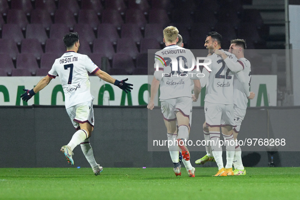 Charalampos Lykogiannis of Bologna FC celebrates after scoring second goal during the Serie A match between US Salernitana and Bologna FC at...