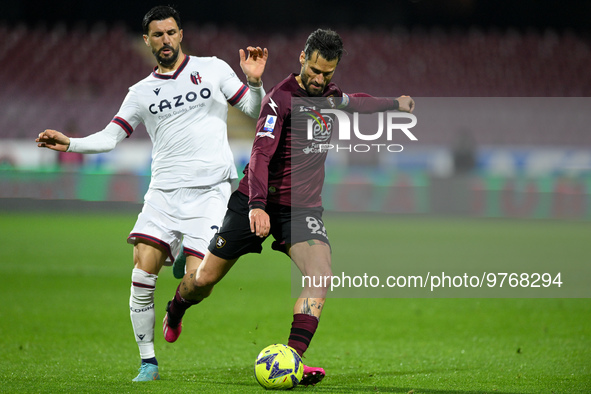 Antonio Candreva of US Salernitana and Roberto Soriano of Bologna FC compete for the ball during the Serie A match between US Salernitana an...