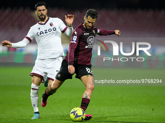 Antonio Candreva of US Salernitana and Roberto Soriano of Bologna FC compete for the ball during the Serie A match between US Salernitana an...