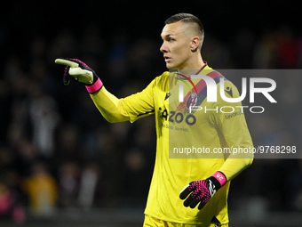 Lukasz Skorupski of Bologna FC gestures during the Serie A match between US Salernitana and Bologna FC at Stadio Arechi, Salerno, Italy on M...