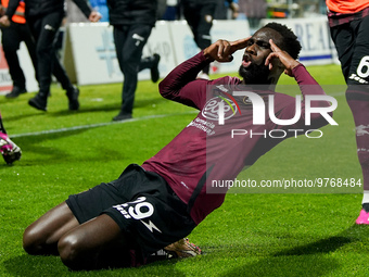 Boulaye Dia of US Salernitana celebrates after scoring second goal during the Serie A match between US Salernitana and Bologna FC at Stadio...