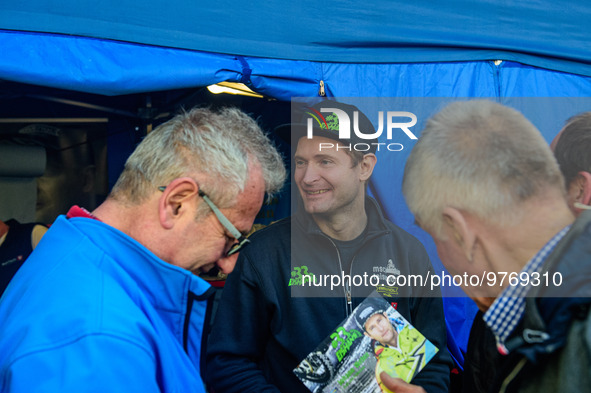 Johann Weber (16) (Germany) with fans before the meeting during the Ice Speedway Gladiators World Championship Final 1 at Max-Aicher-Arena,...