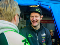 Johann Weber (16) chats with a fan during the Ice Speedway Gladiators World Championship Final 1 at Max-Aicher-Arena, Inzell, Germany on Sat...