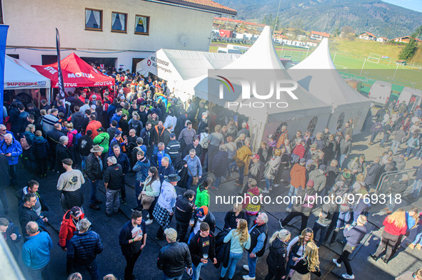 Fans allowed into the pits before the meeting during the Ice Speedway Gladiators World Championship Final 1 at Max-Aicher-Arena, Inzell, Ger...