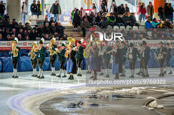 The Band leading the parade riders during the Ice Speedway Gladiators World Championship Final 1 at Max-Aicher-Arena, Inzell, Germany on Sat...